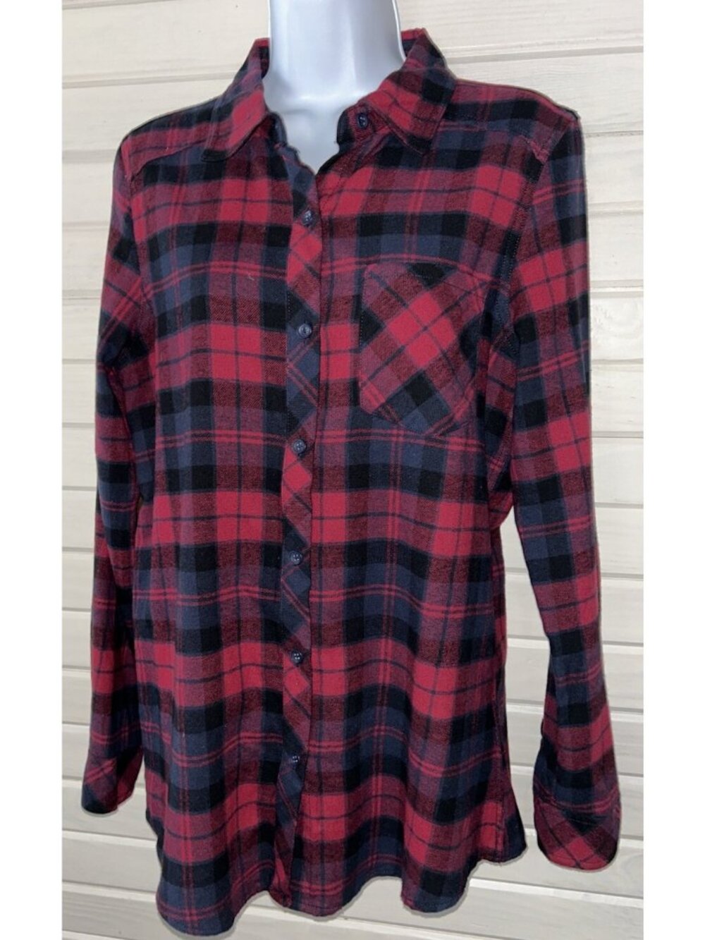 Ci Sono Cavalini Sz MEDIUM Red Flannel Plaid Shirt Elbow Patch 100% Cotton EUC